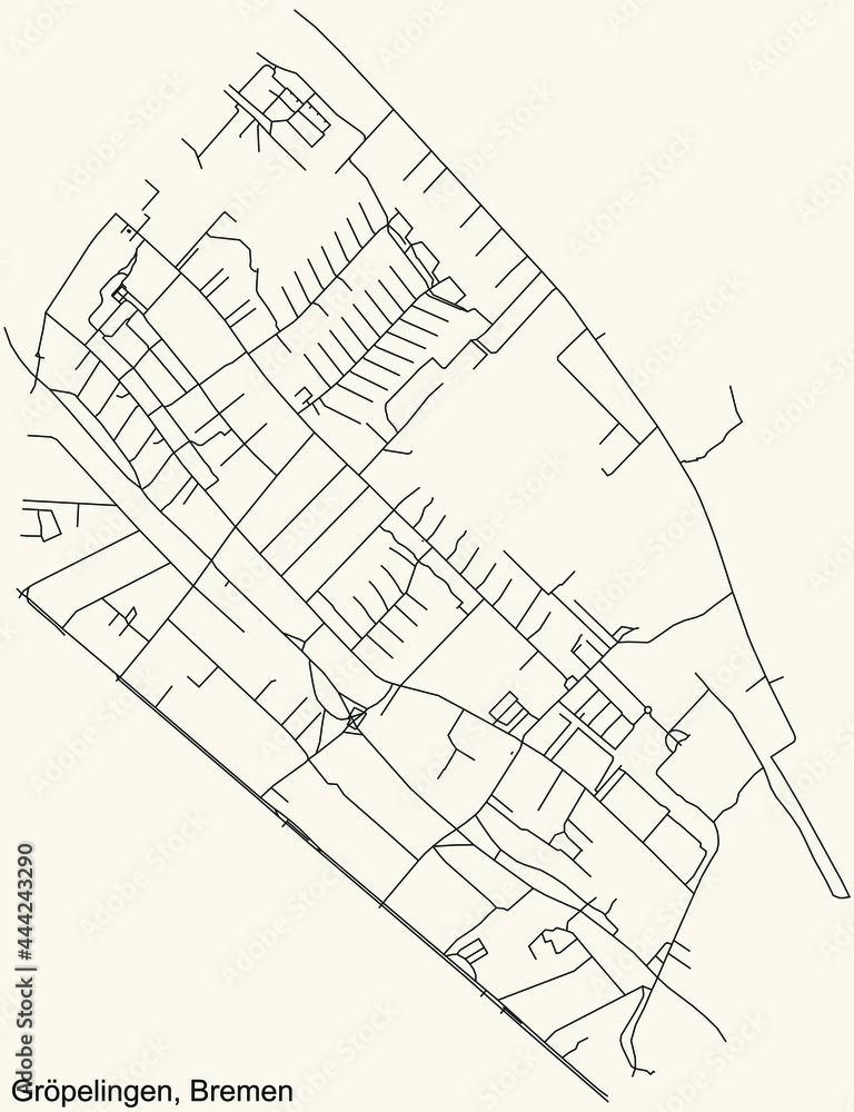 Fototapeta premium Black simple detailed street roads map on vintage beige background of the quarter Gröpelingen subdistrict of Bremen, Germany