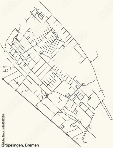 Black simple detailed street roads map on vintage beige background of the quarter Gröpelingen subdistrict of Bremen, Germany
