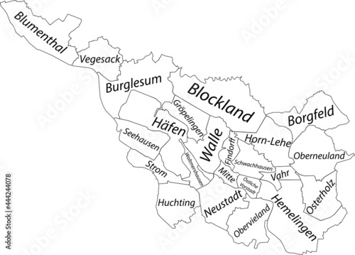Simple white vector map with black borders and names of subdistricts of Bremen, Germany