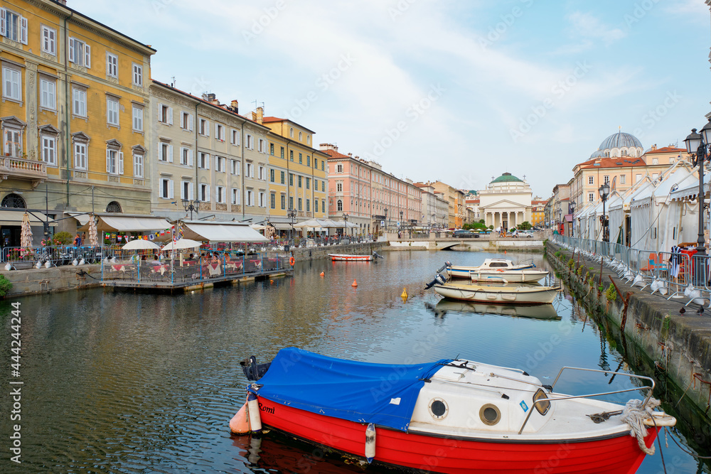 View of the old canal port of Trieste, along the shores of Adriatic Sea. Northern Italy, Friuli Region