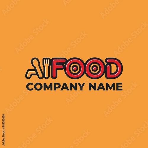 Logo elements: fork, spoon and plates. Collocation: 'i' and 'food'. Vector.