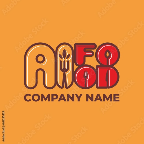 Logo elements: fork, spoon, knife, plant and plates. Collocation: 'i' and 'food'. Vector.