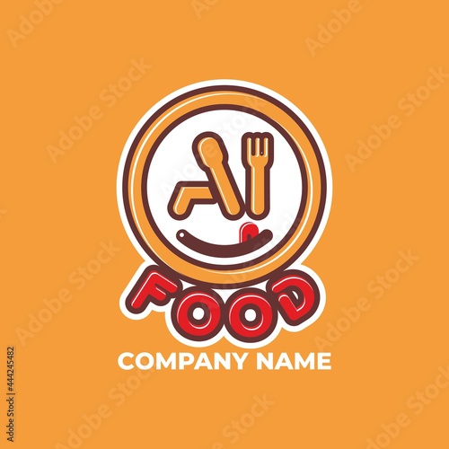 Logo elements: fork, spoon, tongue, lip and plate. Collocation: 'i' and 'food'. Vector.