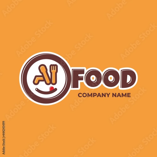 Logo elements: fork, spoon, tongue, lip and plate. Collocation: 'i' and 'food'. Vector.