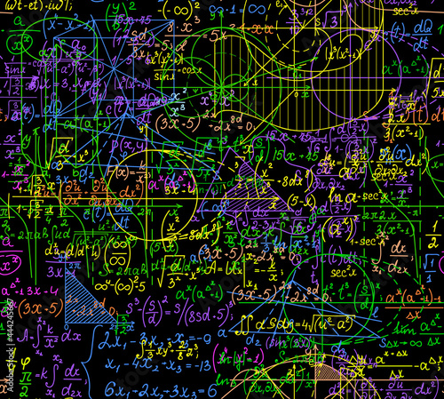 Mathematical vector seamless pattern with multicolored handwritten calculations, formulas, equations, plots and functions