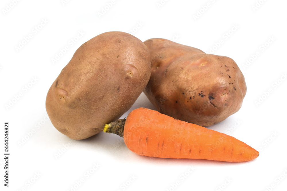 potato, carrots isolated on white background. Harvest new. Flat lay, top view. potato, carrots isolated on white background. Harvest new. Flat lay, top view.
