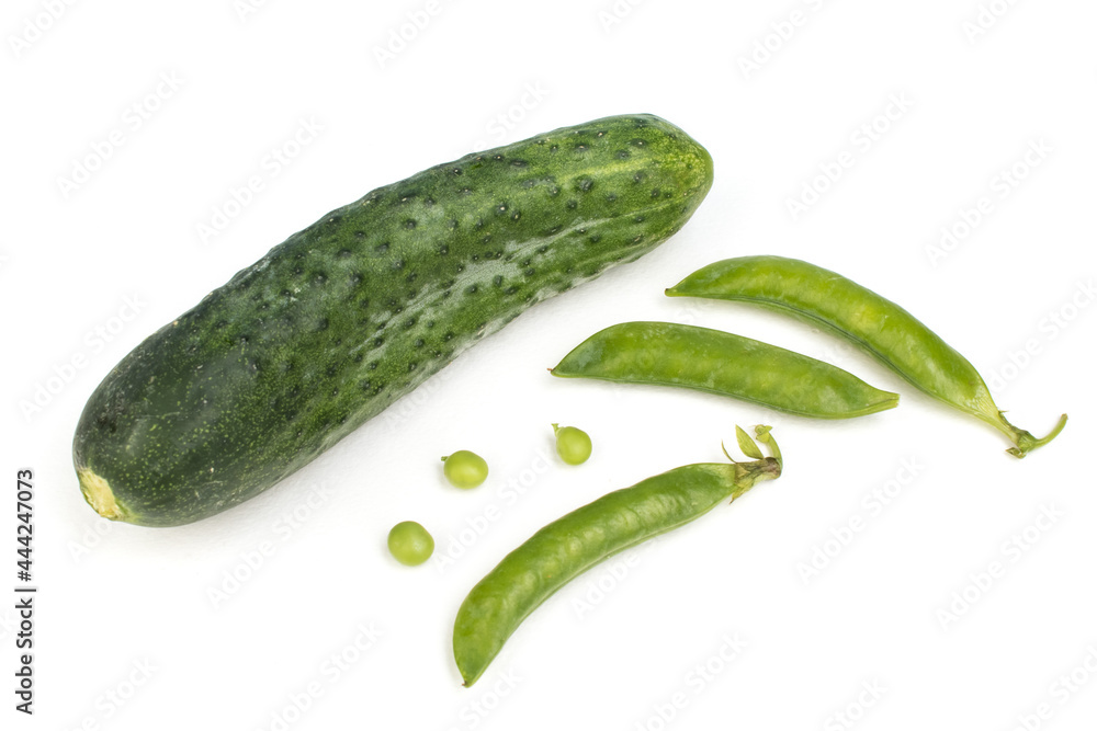 Fresh, tasty Cucumber, green pea in the pod isolated on white background. Fresh, tasty Cucumber, green pea in the pod isolated on white background.