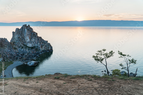 Shamanka Rock on Baikal lake near Khuzhir at Olkhon island in Siberia photo