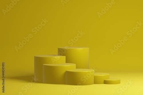 Stepped pedestal of six yellow cylinders in studio lighting on yellow background. 3d render.
