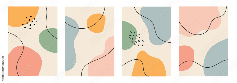 A collection of four abstract backgrounds. Hand drawing various shapes and doodle objects. Trendy modern contemporary vector illustration. Every background is isolated. Pastel color