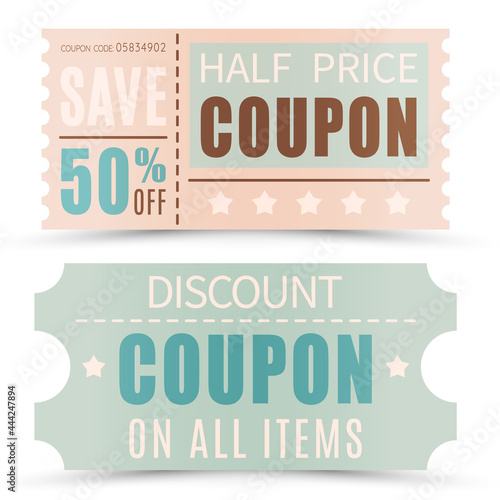Set of discount coupons in different shapes. Gift voucher with coupon code. Sale and discount or gift concept. Vector illustration.