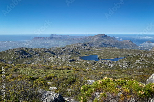 Panoramic view from top of Table Mountain to Woodhead Reservoir and Cape of Good Hope  Cape Town  South Africa.