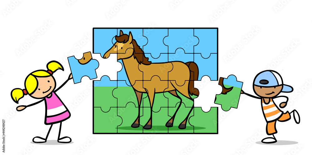 Kinder halten Puzzleteile für Pferd in der Hand Kinder halten Puzzleteile für Pferd in der Hand