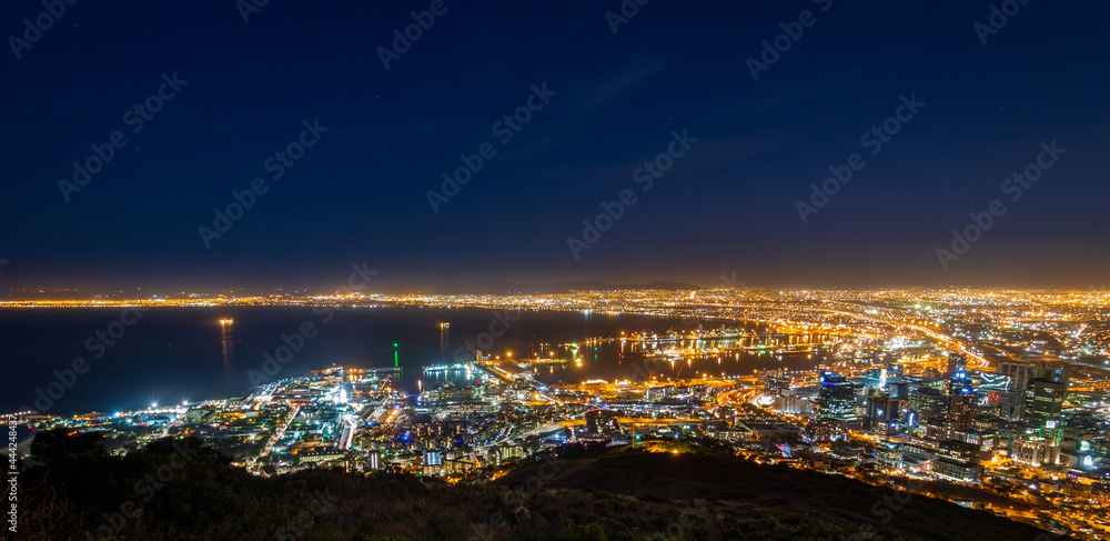 Panoramic scenic view cityscape of Cape Town, South Africa by night.