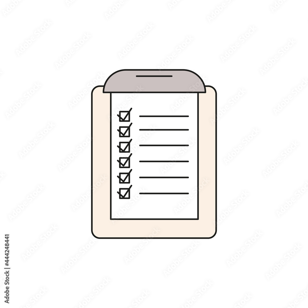 Colorful flat icon of a clipboard with paper checklist. Isolated vector illustration on white background Colorful flat icon of a clipboard with paper checklist. Isolated vector illustration on white background