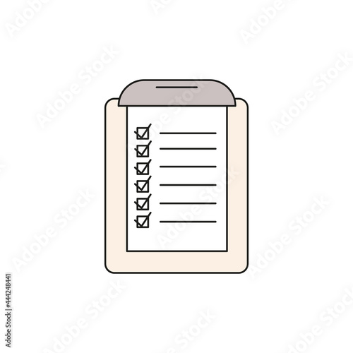 Colorful flat icon of a clipboard with paper checklist. Isolated vector illustration on white background