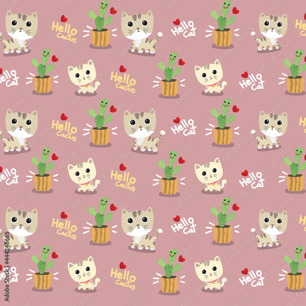 pattern postcard banner cartoon cat and cactus cute vector illustration background 03