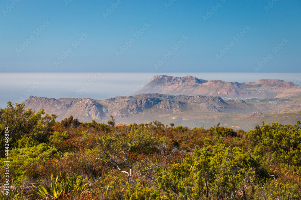 Panoramic view from summit top of Table Mountain to Cape of Good Hope peninsula, Cape Town, South Africa.