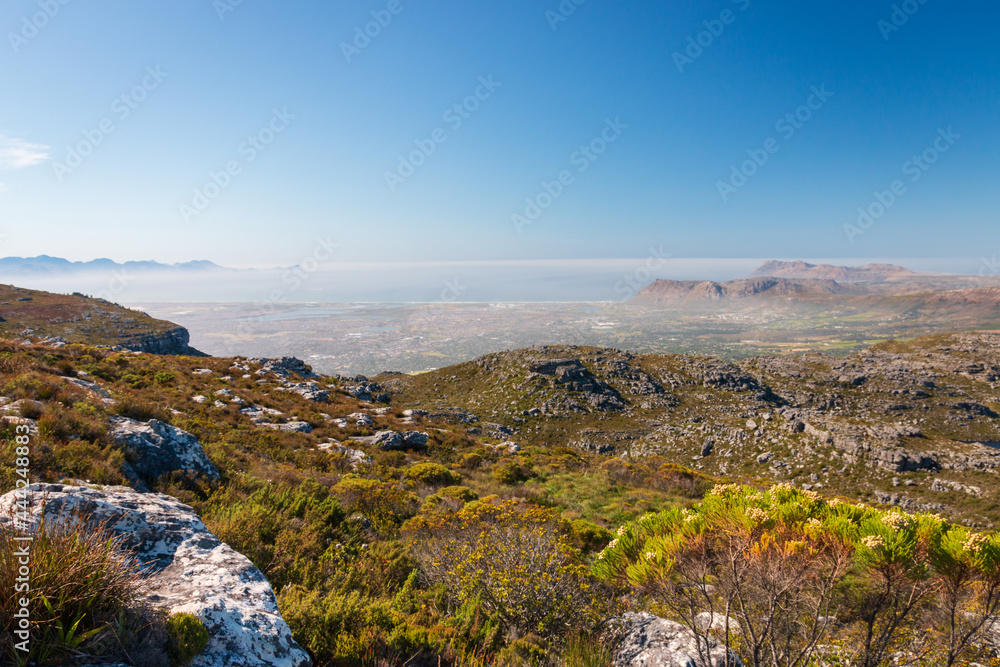 Panoramic view from top of Table Mountain to False Bay and Cape of Good Hope, Cape Town, South Africa.