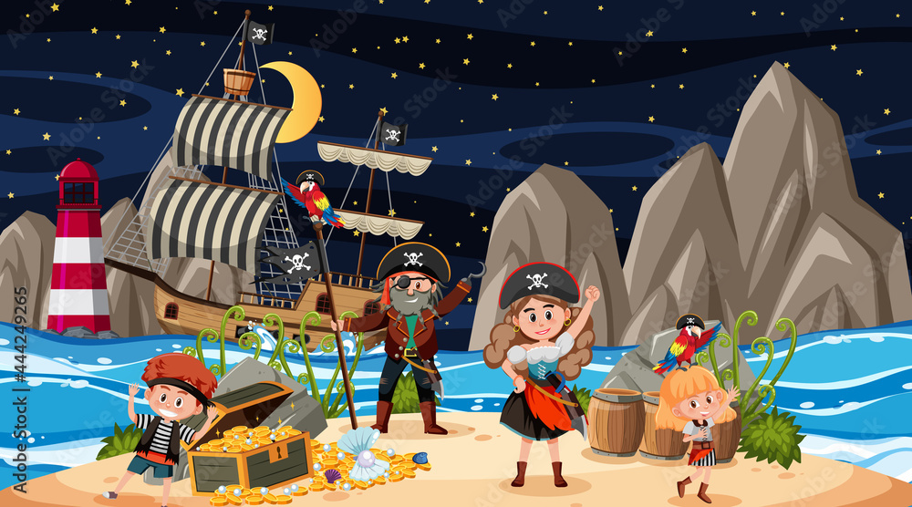 Fototapeta premium Treasure Island scene at night with Pirate kids