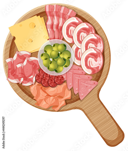Platter of various cold meats and cheese isolated on white background