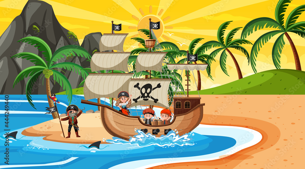 Beach at sunset time scene with pirate kids cartoon character on the ship
