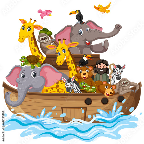 Animals on Noah's ark with sea wave isolated on white background