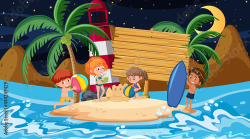Kids on vacation at the beach night scene with an empty wooden banner template
