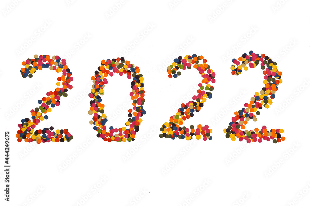 new year 2022. preparing for the holiday. numbers made of colored circles. confetti figures on a white background. new year 2022. preparing for the holiday. numbers made of colored circles. confetti figures on a white background.