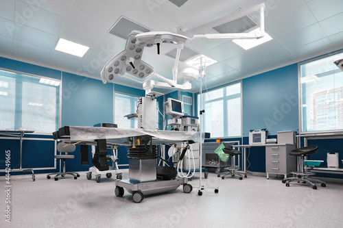 Large spacious operating board with a large amount of light  with modern equipment for various complex operations  operating table  lamps  ventilator.