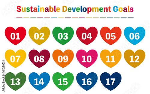 SDGs、所定17色の開発目標用ラベルセット　ハート型