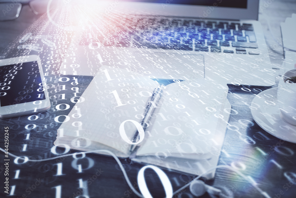Multi exposure of data theme drawings and desk with open notebook background. Concept of education Multi exposure of data theme drawings and desk with open notebook background. Concept of education