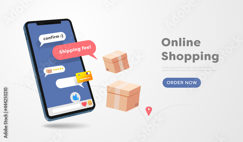 Online shopping store on website and mobile phone design. Smart business marketing concept. Horizontal view. Vector Illustration