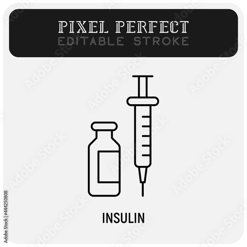 Insulin: ampoule and syringe. Thin line icon. Medical treatment for diabetes. Pixel perfect, editable stroke. Vector illustration.