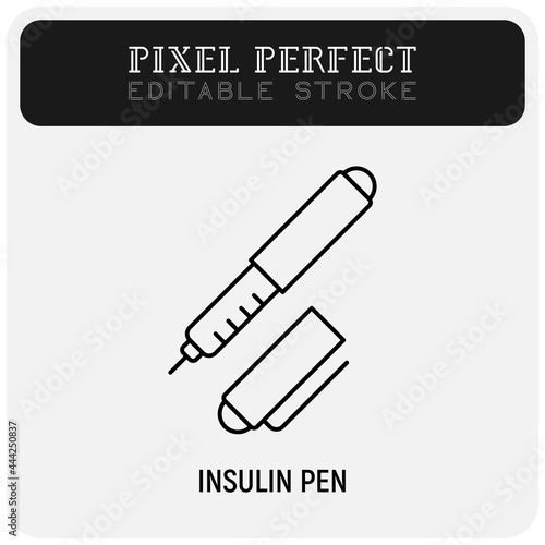 Insulin pen thin line icon. Portable diabetes treatment. Medical equipment. Pixel perfect, editable stroke. Vector illustration.