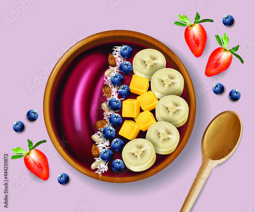 Acai bowl vector realistic mock up. Banana and fruits on top. Green healthy o...