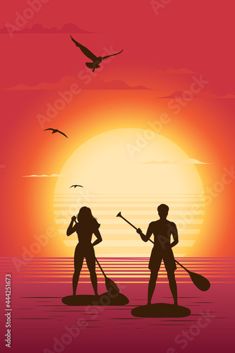 Silhouettes of man and woman standing on paddle board with a paddle against the backdrop of the setting sun. Beautiful summer seascape. Vector illustration