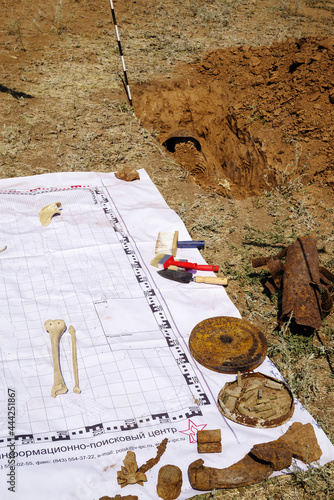 Chernorechye, Orenburg, Russia - June, 26, 2021: Remains of a soldier who died during the Great Patriotic War, as well as artifacts of that time found by search parties photo