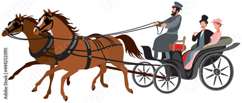 Izvozchik, phaeton horse cart, cab, horse-drawn carriage driven by coachman with two passangers, couple, man and woman, XIX century passenger transport, predecessor of taxi 
