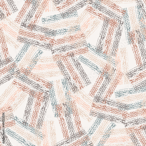 Abstract vector gauze brush effect rectangles seamless pattern background. Backdrop of scattered pink blue beige painterly striped shapes with spliced edges.Textured fibre weave band aid effect repeat