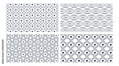 Seamless Patterns. Set Of Four Rounded Geometric Ornaments, Black Shapes on White Background. Vector illustration