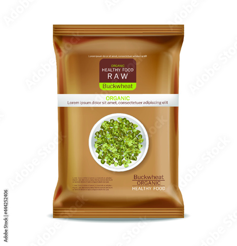Green buckwheat vector realistic. Product placement mock up. Label design. Fresh healthy foods