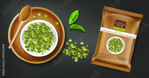 Green buckwheat vector realistic. Product placement mock up. Label design. Fresh healthy foods