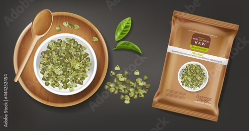 Green buckwheat vector realistic. Product placement mock up. Label design. Fr...