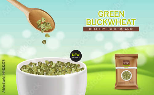 Green buckwheat vector realistic. Product placement mock up. Label design. Fr...