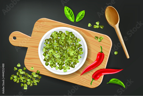 Green buckwheat vector realistic. Product placement mock up. Label design. Fresh healthy foods