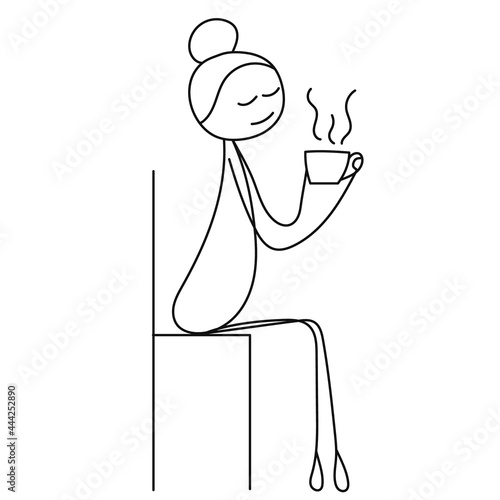 stick figure girl drinking tea, coffee isolated, vector