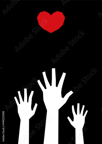 Minimalistic art with white silhouettes of three hands reaching for a red heart on a black background. Template for poster, book cover A4, A3 with copy space. Relationships, falling in love