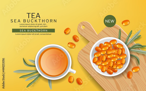 Sea Buckthorn tea in a cup vector realistic. Product placement label design. ...