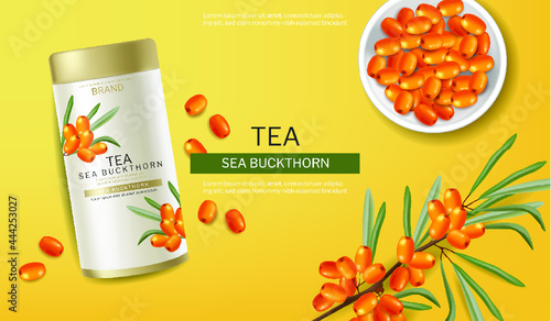 Buckthorn tea vector realistic. Product placement label design. Healthy delicious hot